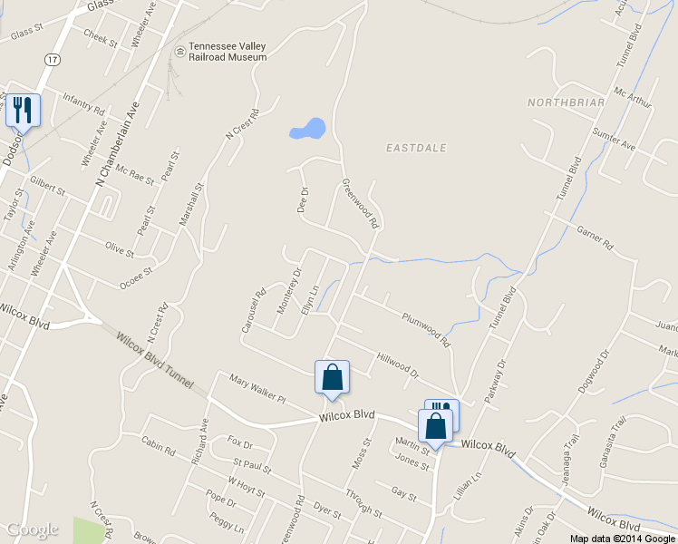 map of restaurants, bars, coffee shops, grocery stores, and more near 1715 Cambridge Drive in Chattanooga