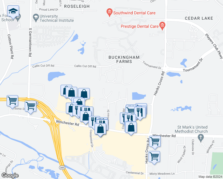 map of restaurants, bars, coffee shops, grocery stores, and more near 7880 Winoak Lane in Memphis
