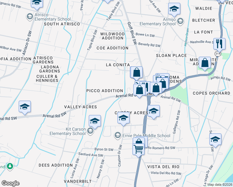 map of restaurants, bars, coffee shops, grocery stores, and more near 1807 Arenal Road Southwest in Albuquerque
