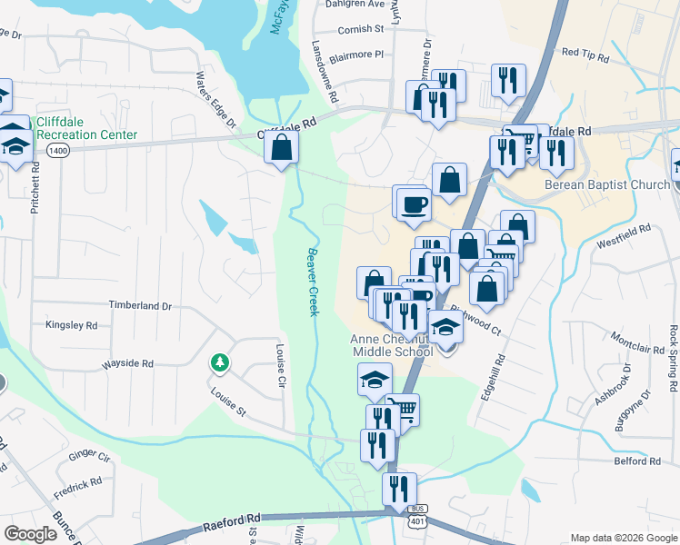map of restaurants, bars, coffee shops, grocery stores, and more near 21 in Fayetteville