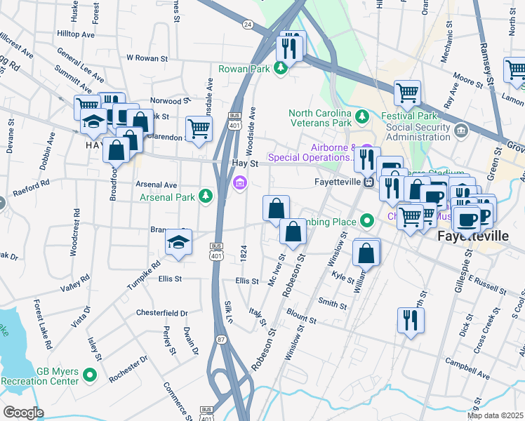 map of restaurants, bars, coffee shops, grocery stores, and more near 212 Fountainhead Lane in Fayetteville