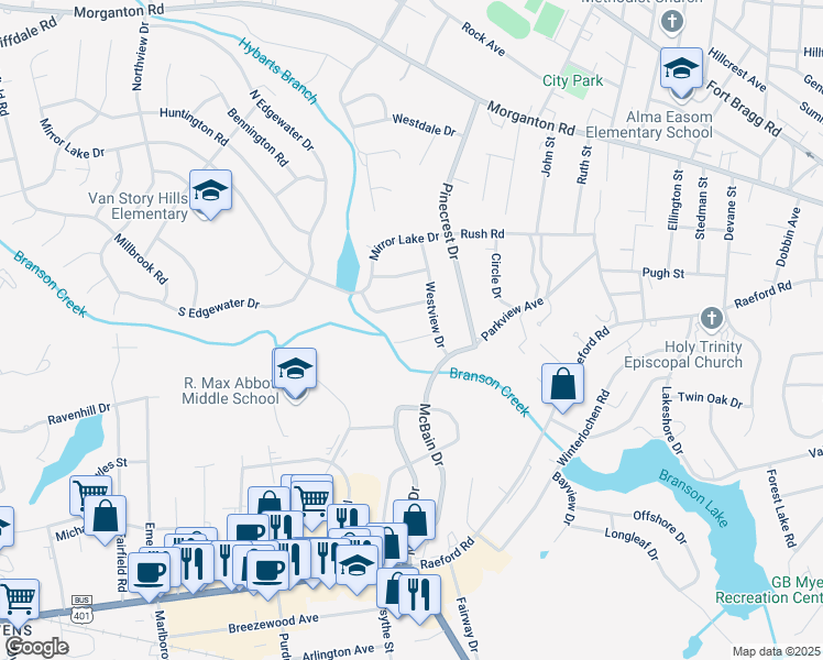 map of restaurants, bars, coffee shops, grocery stores, and more near 2216 Westhaven Drive in Fayetteville