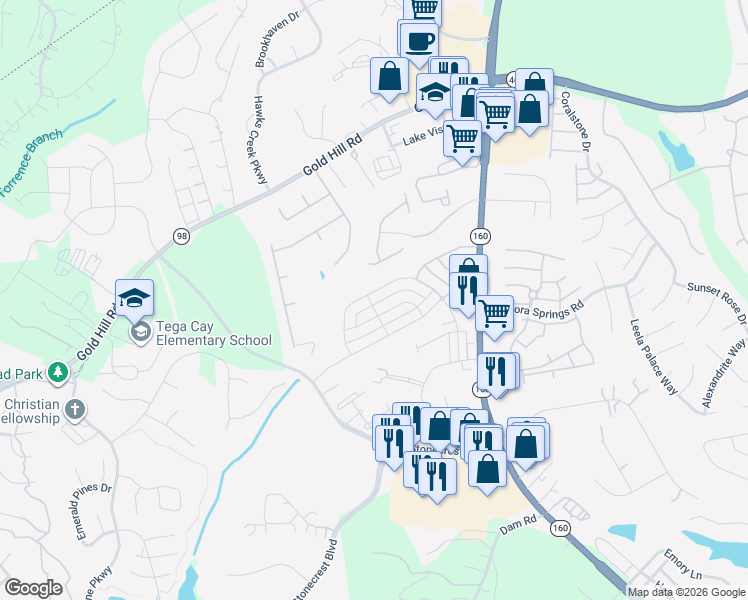 map of restaurants, bars, coffee shops, grocery stores, and more near 6074 Cloverdale Drive in Fort Mill