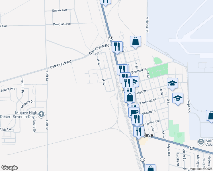 map of restaurants, bars, coffee shops, grocery stores, and more near H Street in Mojave