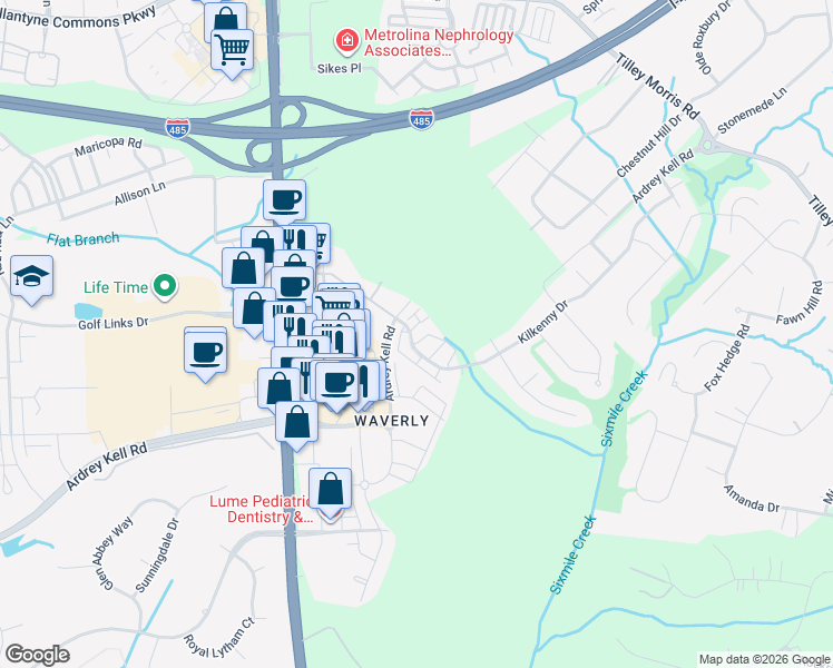 map of restaurants, bars, coffee shops, grocery stores, and more near 13002 Butters Way in Charlotte