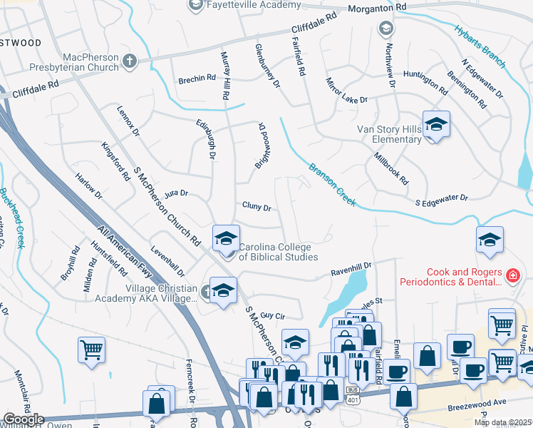 map of restaurants, bars, coffee shops, grocery stores, and more near 3205 Cluny Drive in Fayetteville