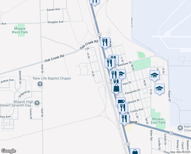 map of restaurants, bars, coffee shops, grocery stores, and more near H Street in Mojave