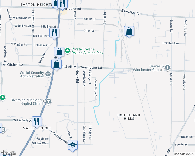 map of restaurants, bars, coffee shops, grocery stores, and more near 3482 Cane Ridge Drive in Memphis