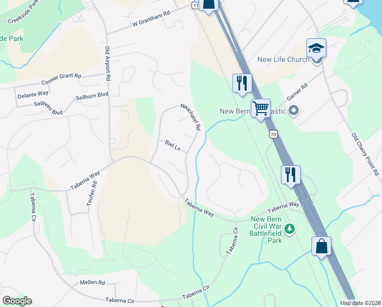 map of restaurants, bars, coffee shops, grocery stores, and more near 128 Neuchatel Road in New Bern