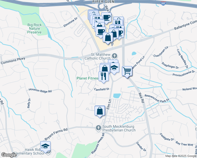 map of restaurants, bars, coffee shops, grocery stores, and more near 8218 Southgate Commons Drive in Charlotte
