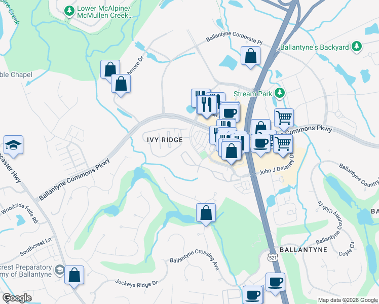 map of restaurants, bars, coffee shops, grocery stores, and more near 14409 San Paolo Lane in Charlotte