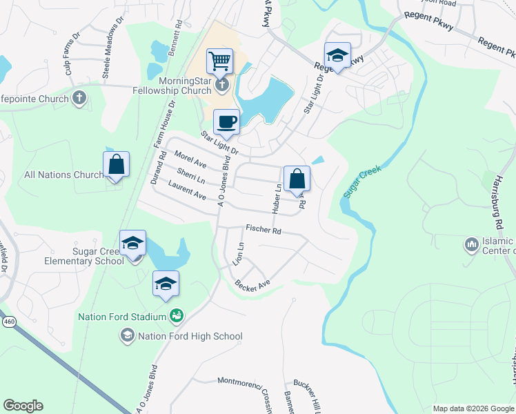 map of restaurants, bars, coffee shops, grocery stores, and more near 7192 Meyer Road in Fort Mill