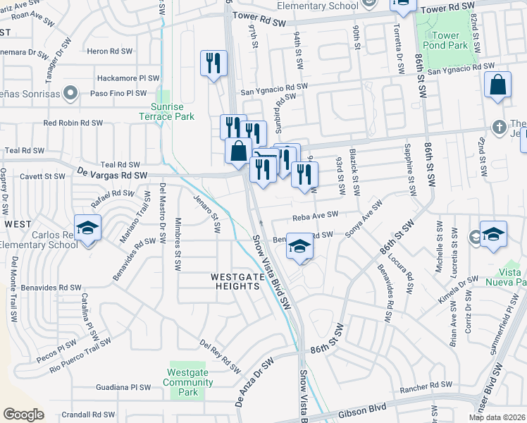 map of restaurants, bars, coffee shops, grocery stores, and more near 9624 Sage Road Southwest in Albuquerque