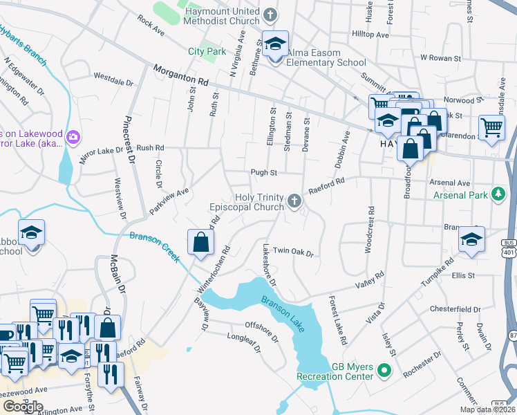 map of restaurants, bars, coffee shops, grocery stores, and more near 1703 Raeford Rd in Fayetteville