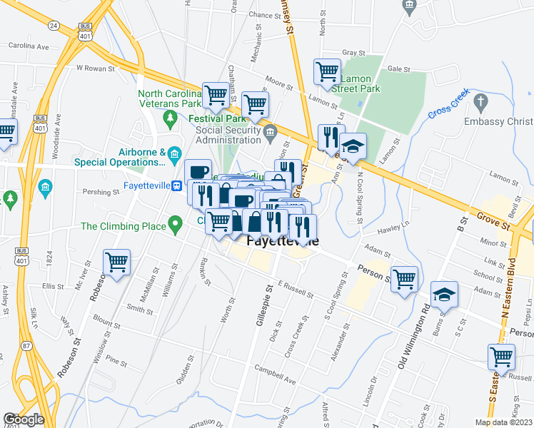 map of restaurants, bars, coffee shops, grocery stores, and more near 126 Hay Street in Fayetteville