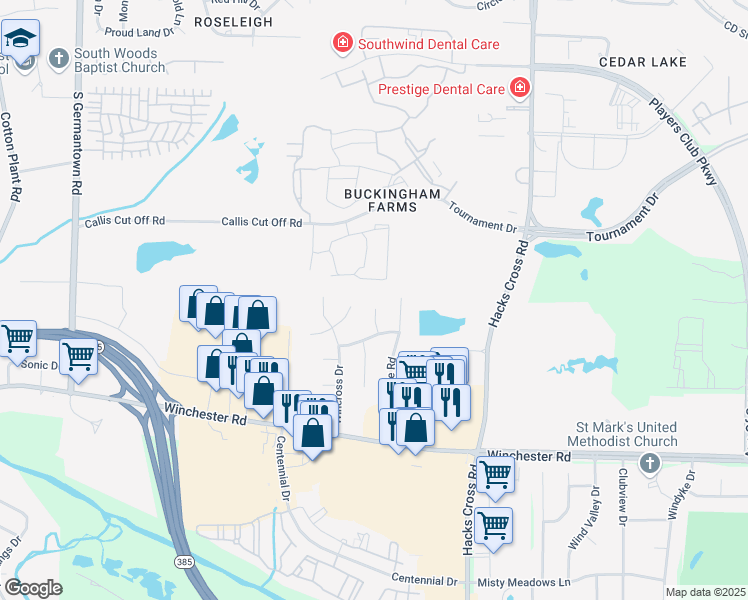 map of restaurants, bars, coffee shops, grocery stores, and more near 3503 Hacks Cove in Memphis