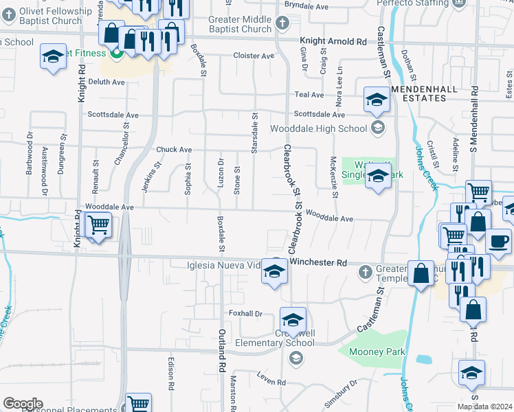 map of restaurants, bars, coffee shops, grocery stores, and more near 3478 Starsdale Street in Memphis