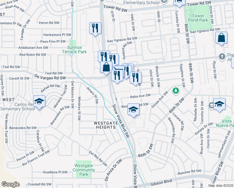 map of restaurants, bars, coffee shops, grocery stores, and more near 9624 Sage Road Southwest in Albuquerque