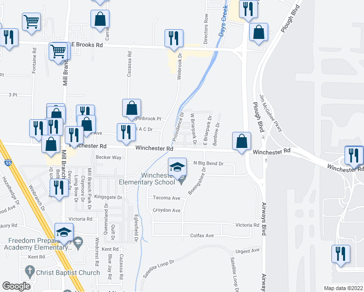 map of restaurants, bars, coffee shops, grocery stores, and more near 2002 Winchester Road in Memphis