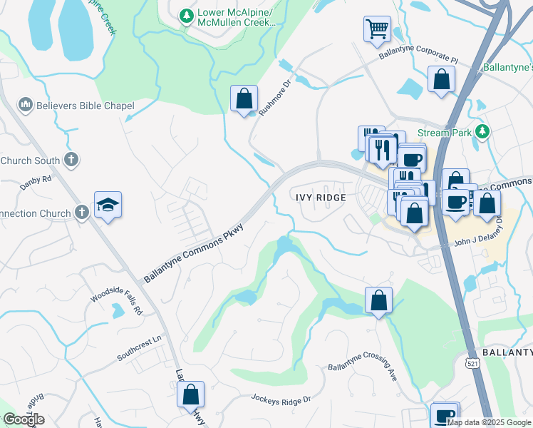 map of restaurants, bars, coffee shops, grocery stores, and more near 12147 James Jack Lane in Charlotte