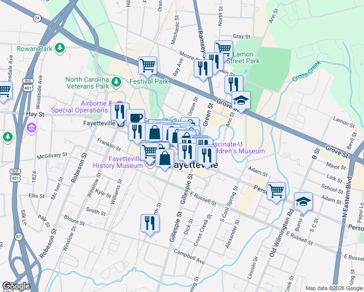 map of restaurants, bars, coffee shops, grocery stores, and more near 126 Hay Street in Fayetteville