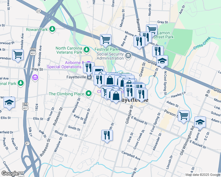 map of restaurants, bars, coffee shops, grocery stores, and more near 325 Hay Street in Fayetteville