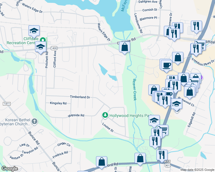 map of restaurants, bars, coffee shops, grocery stores, and more near 3139 Wisteria Lane in Fayetteville