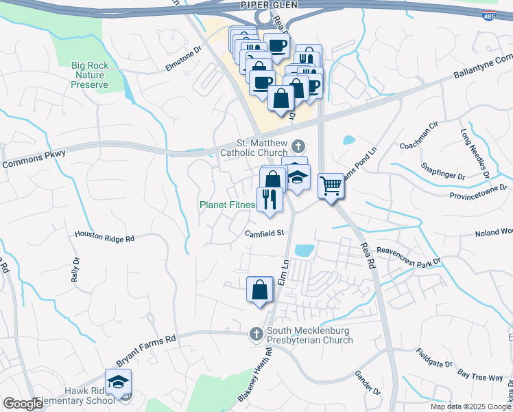 map of restaurants, bars, coffee shops, grocery stores, and more near 8218 Southgate Commons Drive in Charlotte