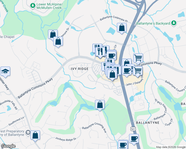 map of restaurants, bars, coffee shops, grocery stores, and more near 14409 San Paolo Lane in Charlotte