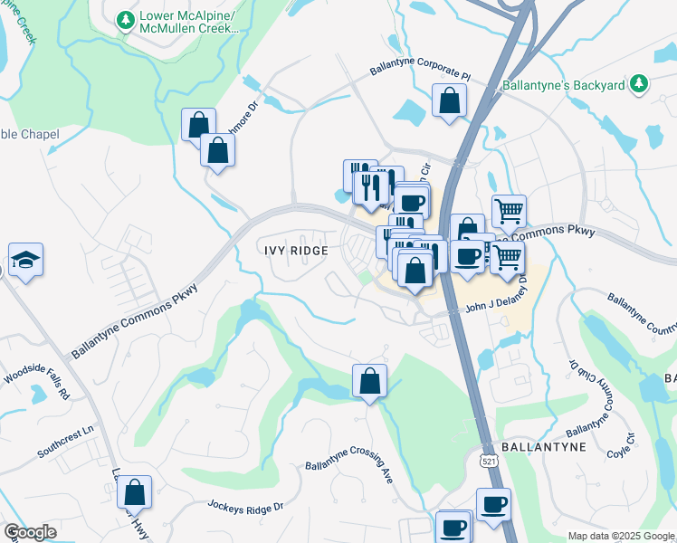 map of restaurants, bars, coffee shops, grocery stores, and more near 14409 San Paolo Lane in Charlotte