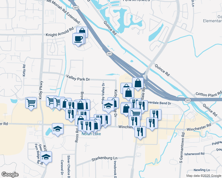 map of restaurants, bars, coffee shops, grocery stores, and more near 3489 Kirby Terrace Drive in Memphis