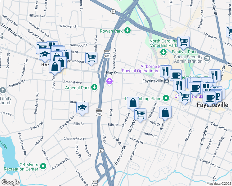 map of restaurants, bars, coffee shops, grocery stores, and more near 210 Fountainhead Lane in Fayetteville