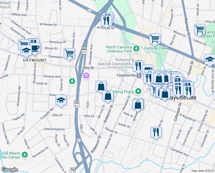 map of restaurants, bars, coffee shops, grocery stores, and more near 227 Fountainhead Lane in Fayetteville