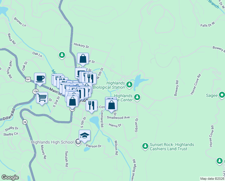 map of restaurants, bars, coffee shops, grocery stores, and more near 30 Tudor Hall Lane in Highlands