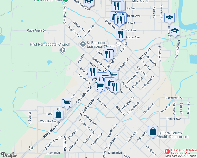 map of restaurants, bars, coffee shops, grocery stores, and more near in Poteau