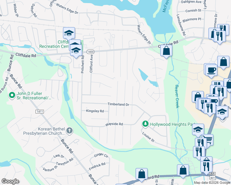 map of restaurants, bars, coffee shops, grocery stores, and more near 6309 Glenlea Circle in Fayetteville