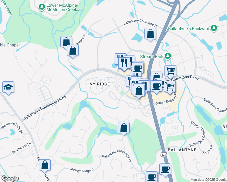map of restaurants, bars, coffee shops, grocery stores, and more near 14409 San Paolo Lane in Charlotte