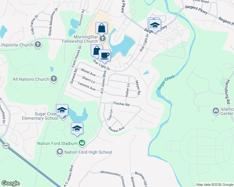 map of restaurants, bars, coffee shops, grocery stores, and more near 7192 Meyer Road in Fort Mill