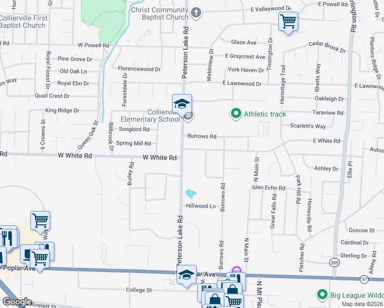 map of restaurants, bars, coffee shops, grocery stores, and more near 151 West White Road in Collierville
