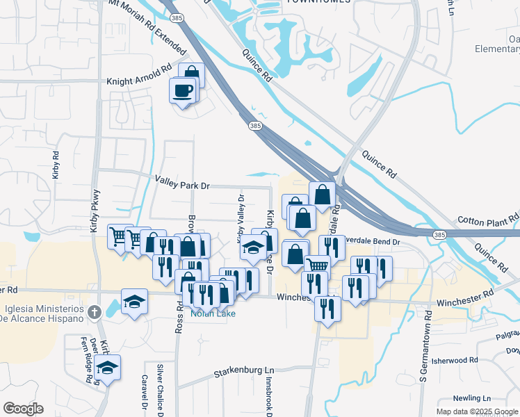 map of restaurants, bars, coffee shops, grocery stores, and more near 3489 Kirby Terrace Drive in Memphis