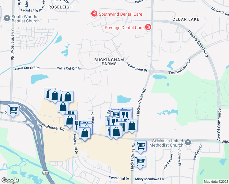 map of restaurants, bars, coffee shops, grocery stores, and more near 3498 County Gate Road in Memphis