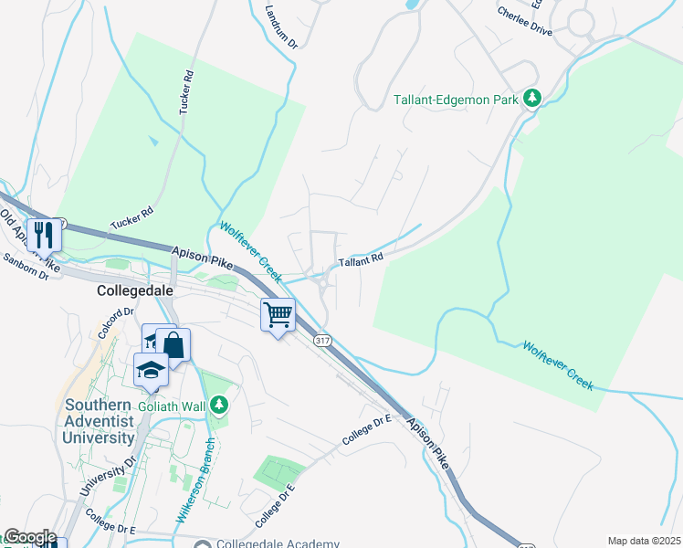 map of restaurants, bars, coffee shops, grocery stores, and more near 5234 Asher Lane in Collegedale