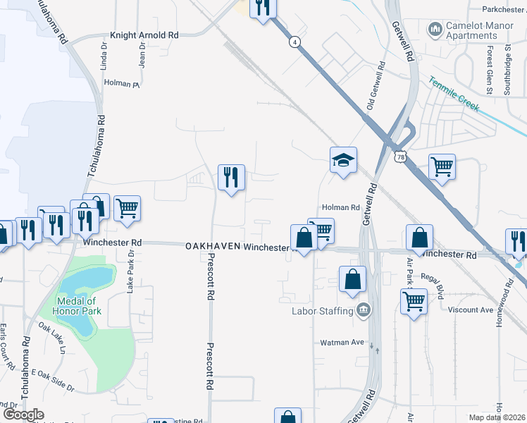 map of restaurants, bars, coffee shops, grocery stores, and more near 3494 Metropolitan Lane in Memphis