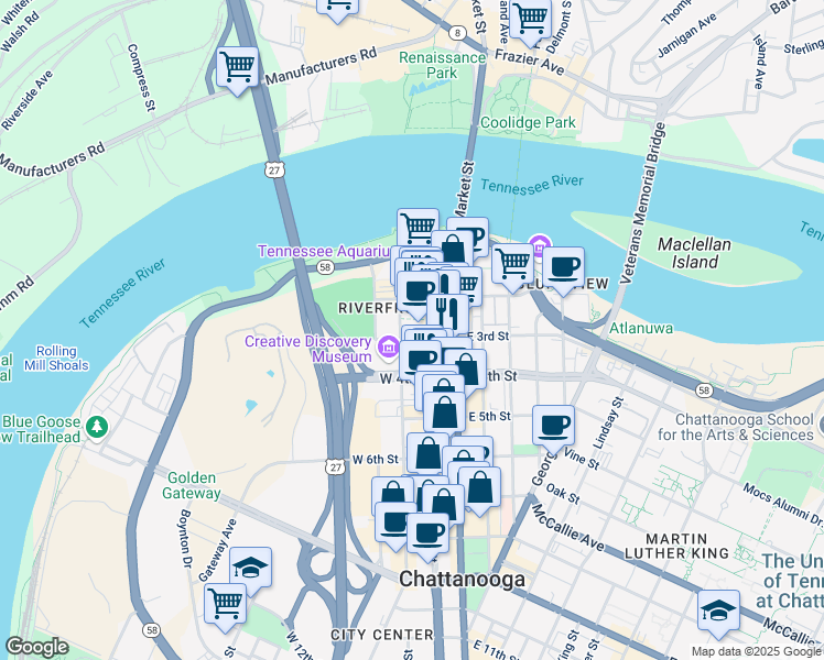 map of restaurants, bars, coffee shops, grocery stores, and more near 215 Broad Street in Chattanooga