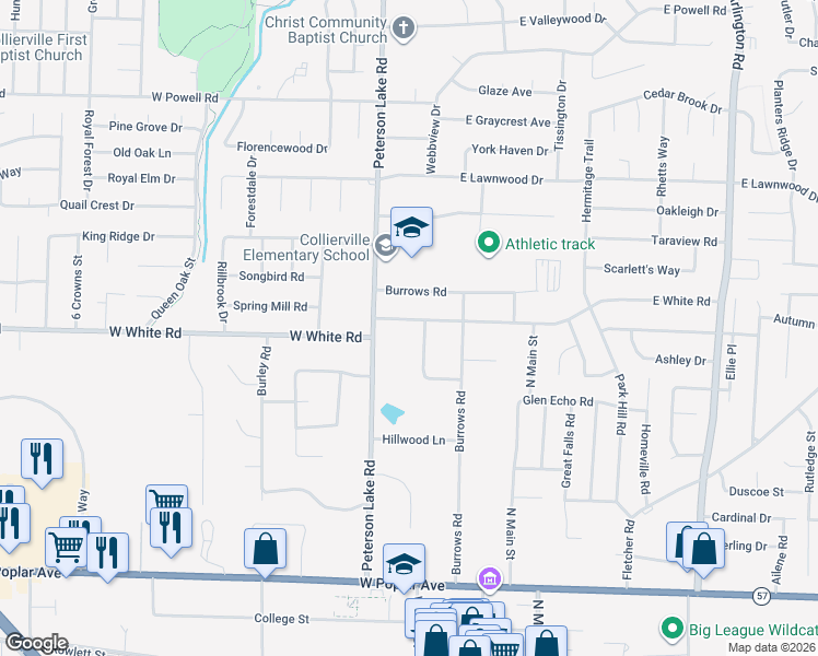 map of restaurants, bars, coffee shops, grocery stores, and more near 151 West White Road in Collierville