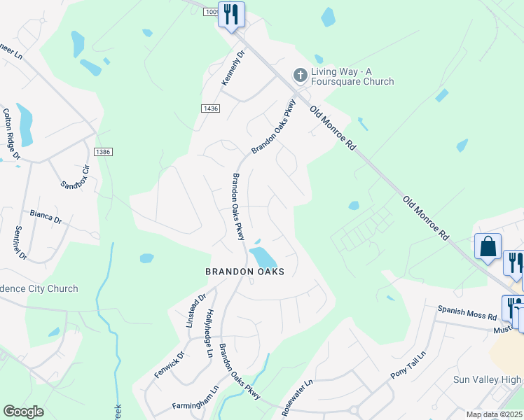 map of restaurants, bars, coffee shops, grocery stores, and more near 3807 Waters Reach Lane in Indian Trail