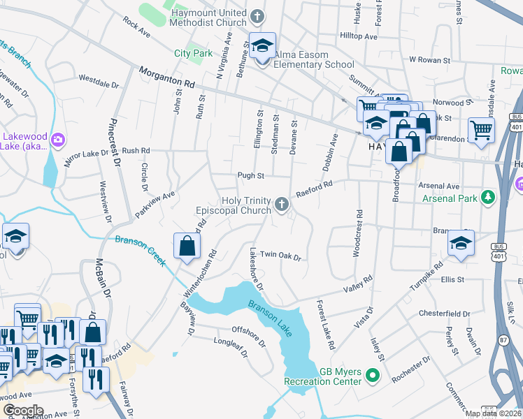 map of restaurants, bars, coffee shops, grocery stores, and more near 1703 Raeford Road in Fayetteville