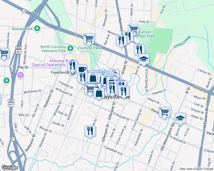 map of restaurants, bars, coffee shops, grocery stores, and more near 126 Hay Street in Fayetteville