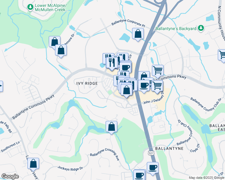 map of restaurants, bars, coffee shops, grocery stores, and more near 14713 Ballantyne Village Way in Charlotte