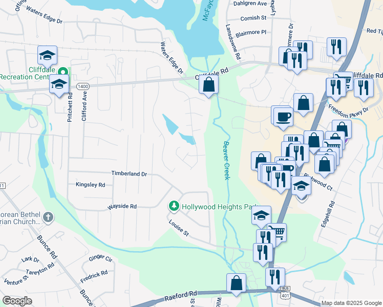 map of restaurants, bars, coffee shops, grocery stores, and more near 3110 Daylilly Drive in Fayetteville
